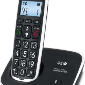 spc telefono fijo inalambrico para mayores teclas y numeros extragrandes volumen de auricular amplificado agenda y 2 memorias directas identificador de llamadas y manos libres pilas recargables version duo color negro
