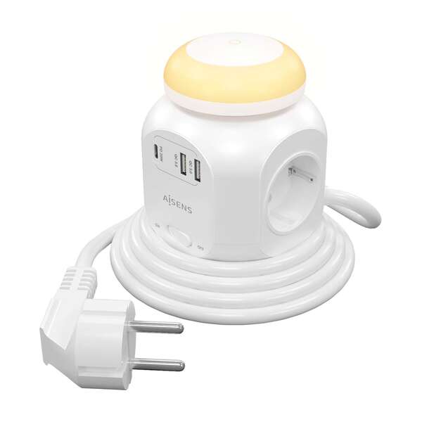 aisens regleta de enchufes sobremesa multifuncion con 4 tomas + 1xusb c 20w pd3.0 2xusb a 18w qc3.0 luz nocturna 1.8m color blanco
