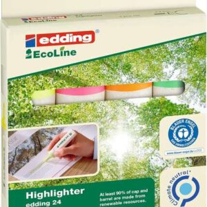 edding 24 ecoline pack de 4 marcadores fluorescentes punta biselada trazo entre 2 5mm 90% de plastico reciclado etiqueta ecologica blue angel colores surtidos