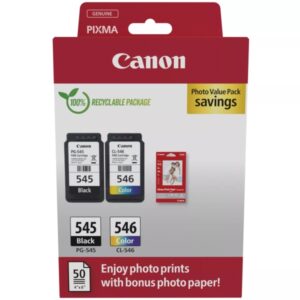 canon pg545 negro + cl546 color pack de cartuchos de tinta originales + 50 hojas de papel fotografico 8287b008/8287b006/8287b005