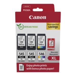 canon pg545xl negro + cl546xl color pack de 3 cartuchos de tinta originales + 50 hojas de papel fotografico 8286b015
