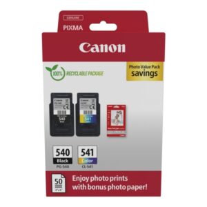 canon pg540 negro + cl541 color pack de 2 cartuchos de tinta originales + 50 hojas de papel fotografico 5225b013