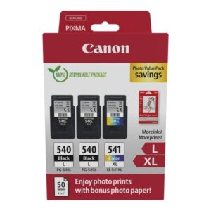 canon pg540l negro + cl541xl color pack de 3 cartuchos de tinta originales + 50 hojas de papel fotografico 5224b015