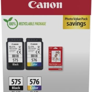 canon pg575/cl576 pack de 2 cartuchos de tinta originales + 50 hojas de papel fotografico 5438c004