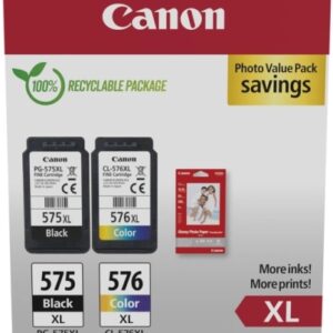canon pg575xl/cl576xl multipack de 2 cartuchos de tinta originales + 50 hojas de papel fotografico 5437c006