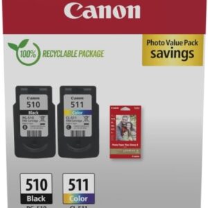 canon pg 510/cl 511 multipack de 2 cartuchos de tinta originales + 50 hojas de papel fotografico 2970b017