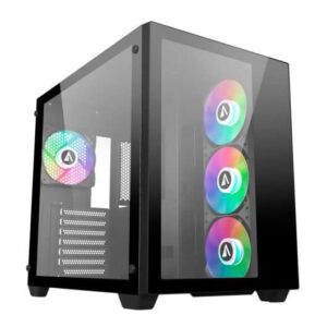 abysm danube sava 285 bx203 black argb caja torre atx, itx, micro atx lateral y frontal cristal templado 3.5" y 2.5" usb a, usb c y audio 4 ventiladores argb instalados soporta refrigeracion liquida