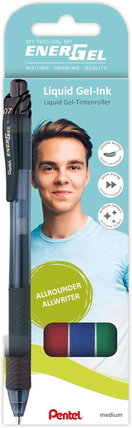 pentel energel x pack de 4 boligrafos de bola retractiles tinta gel punta 0.7mm trazo 0.35mm recargable grip de agarre 50% de materiales reciclados colores surtidos