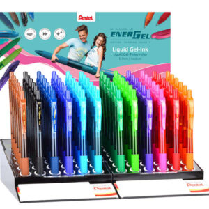 pentel energel x expositor de 72 boligrafos de bola retractiles tinta gel punta 0.7mm trazo 0.35mm recargable grip de agarre 50% de materiales reciclados colores surtidos