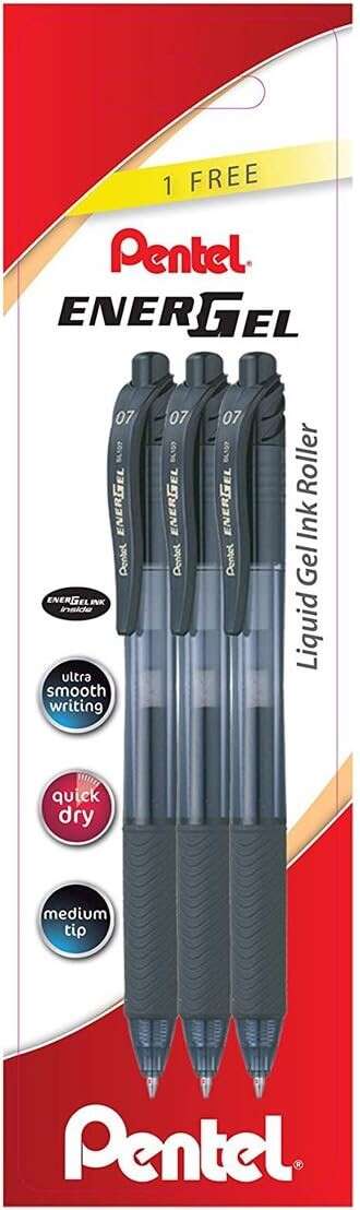 pentel energel x pack de 3 boligrafos de bola retractiles tinta gel punta 0.7mm trazo 0.35mm recargable grip de agarre 50% de materiales reciclados color negro