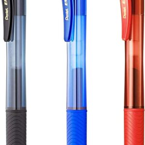 pentel energel x pack de 3 boligrafos de bola retractiles tinta gel punta 0.7mm trazo 0.35mm recargable grip de agarre 50% de materiales reciclados color negro, azul y rojo
