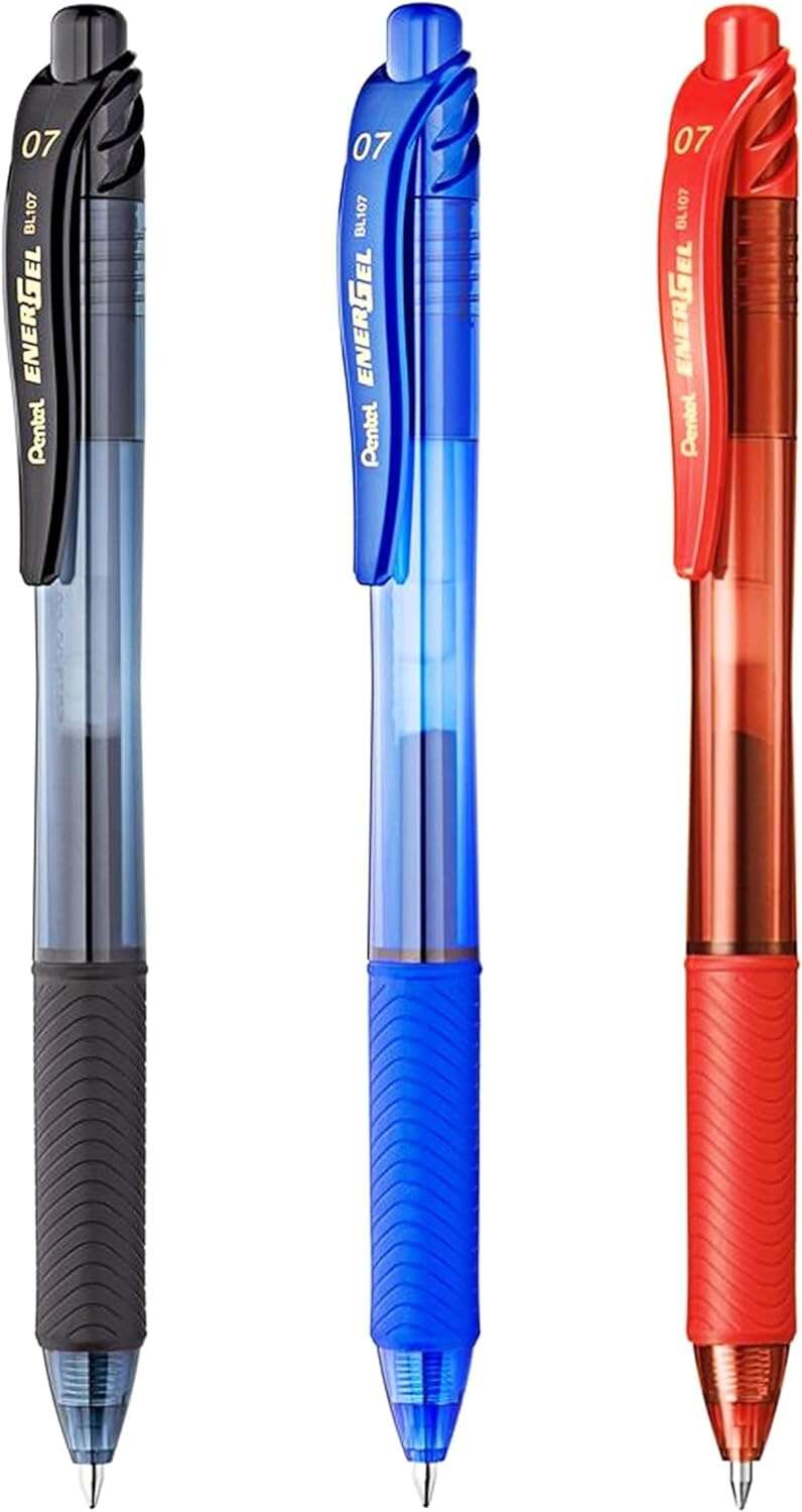 pentel energel x pack de 3 boligrafos de bola retractiles tinta gel punta 0.7mm trazo 0.35mm recargable grip de agarre 50% de materiales reciclados color negro, azul y rojo