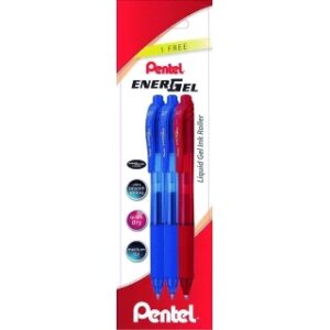 pentel energel x pack de 3 boligrafos de bola retractiles tinta gel punta 0.7mm trazo 0.35mm recargable grip de agarre 50% de materiales reciclados color 2x azul y 1x rojo