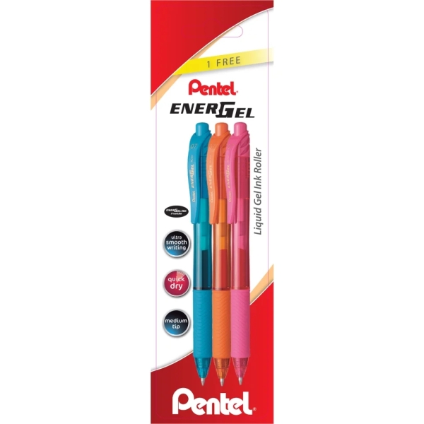 pentel energel x pack de 3 boligrafos de bola retractiles tinta gel punta 0.7mm trazo 0.35mm recargable grip de agarre 50% de materiales reciclados colores surtidos