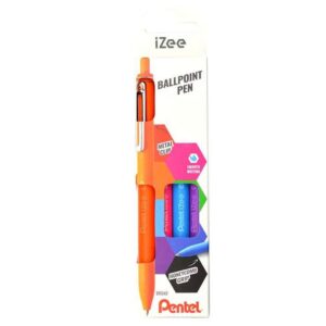 pentel izee pack de 4 boligrafos de bola retractiles punta 0.7mm trazo 0.35mm clip de metal colores naranja, azul claro, rosa y violeta