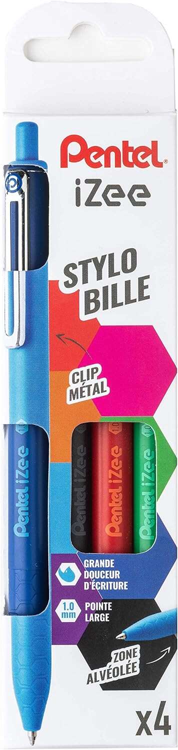 pentel izee pack de 4 boligrafos de bola retractiles punta 0.7mm trazo 0.35mm clip de metal colores negro, azul, rojo y verde