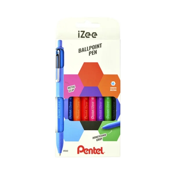 pentel izee pack de 8 boligrafos de bola retractiles punta 0.7mm trazo 0.35mm clip de metal colores surtidos