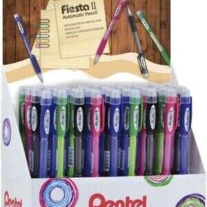 pentel fiesta ii expositor de 36 portaminas hb 0.7mm con goma incluye 2 recargas grip de goma diseño ergonomico colores surtidos