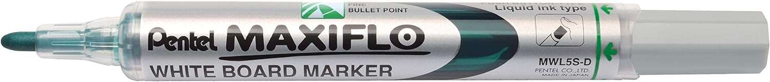 pentel maxiflo rotulador para pizarra blanca punta de bala ancho de linea 2mm regulacion del flujo de tinta 50% de materiales reciclados color verde