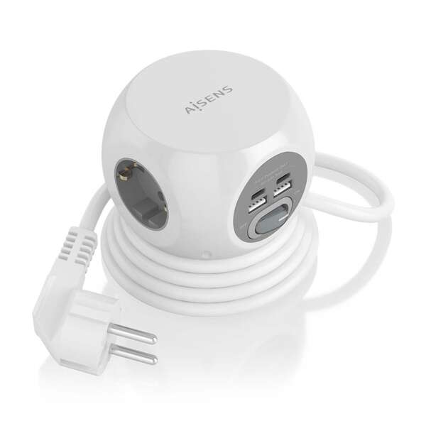 aisens regleta de enchufes sobremesa multifuncion con 3 tomas + 2xusb c 2xusb a 1.4m color blanco