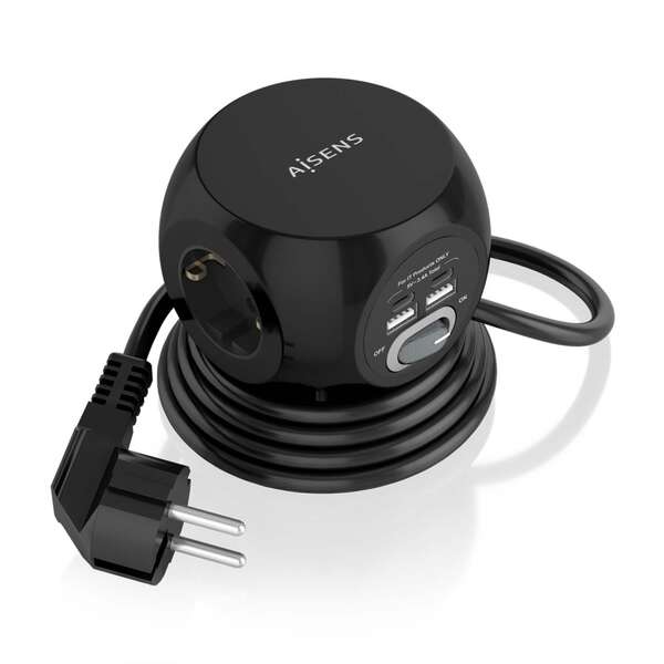aisens regleta de enchufes sobremesa multifuncion con 3 tomas + 2xusb c 2xusb a 1.4m color negro