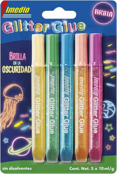 imedio glitter glue "brilla en la oscuridad" pack de 5 tubos de pegamento con brillantina 10ml brilla en la oscuridad para distintos materiales tubo extrablando boquilla de precision sin disolventes colores surtidos
