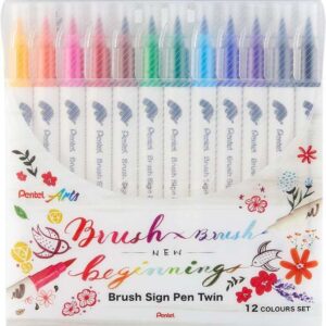 pentel brush sing pen twin pack de 12 rotuladores con doble punta de pincel flexible punta ancha 1 4mm, punta fina 0,2 2mm colores surtidos