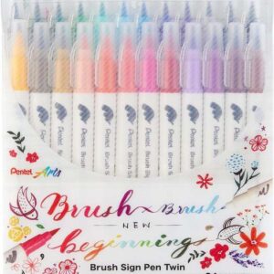 pentel brush sing pen twin pack de 24 rotuladores con doble punta de pincel flexible punta ancha 1 4mm, punta fina 0,2 2mm colores surtidos