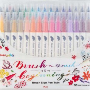 pentel brush sing pen twin pack de 30 rotuladores con doble punta de pincel flexible punta ancha 1 4mm, punta fina 0,2 2mm colores surtidos