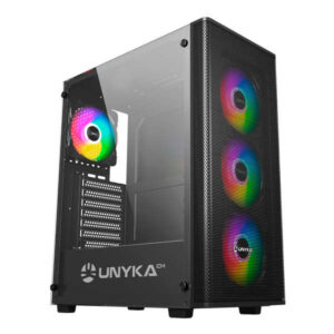 unykach mir 100 caja gaming atx, micro atx, itx lateral de vidrio templado usb a 2.0, 3.0 y audio 4 ventiladores 120mm argb instalados soporta refrigeracion liquida