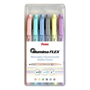 pentel illumina flex pack de 6 marcadores fluorescentes doble punta biselada trazo entre 1.5 a 3.5mm conica trazo 1mm colores amarillo, gris, melocoton, violeta, verde turquesa y azul