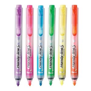pentel handy line s pack de 6 marcadores fluorescentes retractiles tinta liquida trazo de 1.6 a 3mm formato fino con clip colores amarillo, naranja, fucsia, violeta, verde y azul