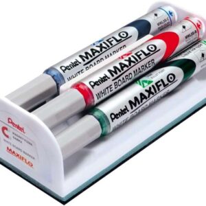 pentel maxiflo pack de 4 rotuladores para pizarra blanca + borrador magnetico punta de bala ancho de linea 2mm regulacion del flujo de tinta colores negro, azul, rojo y verde