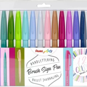 pentel brush sing pen pack de 12 rotuladores con punta de pincel lineas finas o gruesas dependiendo de la presion fabricados con 81% de plasticos recicldos colores pastel surtidos