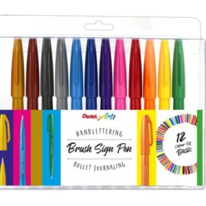 pentel brush sing pen pack de 12 rotuladores con punta de pincel lineas finas o gruesas dependiendo de la presion fabricados con 81% de plasticos recicldos colores vivos surtidos