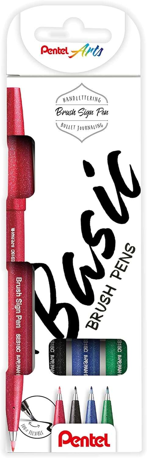 pentel brush sing pen basic pack de 4 rotuladores con punta de pincel lineas finas o gruesas dependiendo de la presion fabricados con 81% de plasticos recicldos colores negro, azul, rojo y verde