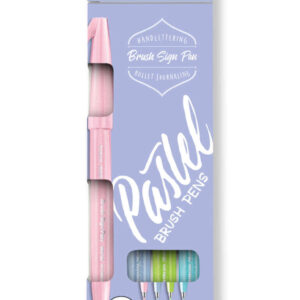 pentel brush sing pen pastel pack de 4 rotuladores con punta de pincel lineas finas o gruesas dependiendo de la presion fabricados con 81% de plasticos recicldos colores azul grisaceo, azul claro, verde claro y rosa