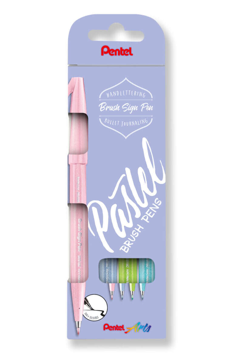 pentel brush sing pen pastel pack de 4 rotuladores con punta de pincel lineas finas o gruesas dependiendo de la presion fabricados con 81% de plasticos recicldos colores azul grisaceo, azul claro, verde claro y rosa