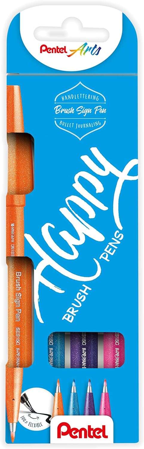 pentel brush sing pen happy pack de 4 rotuladores con punta de pincel lineas finas o gruesas dependiendo de la presion fabricados con 81% de plasticos recicldos colores azul cielo, naranja, violeta y rosa