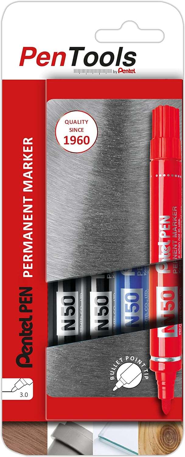 pentel pentools pack de 4 rotuladores permanentes industriales pentel pen n50 punta conica resistente y duradera trazo 2mm resistente a agua y luz colores 2x negro, azul, y rojo