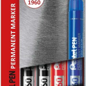pentel pentools pack de 4 rotuladores permanentes industriales pentel pen n60 punta biselada resistente y duradera trazo 1,5 7mm resistente a agua y luz colores 2x negro, azul, y rojo