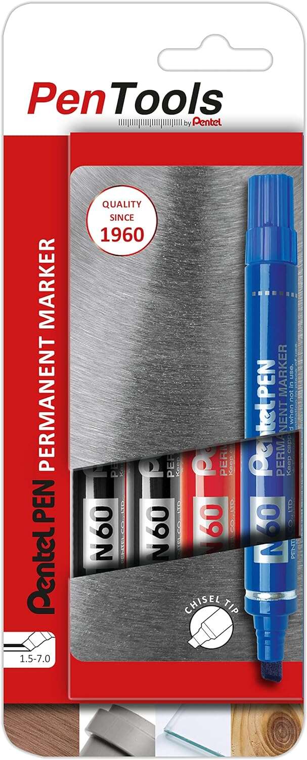 pentel pentools pack de 4 rotuladores permanentes industriales pentel pen n60 punta biselada resistente y duradera trazo 1,5 7mm resistente a agua y luz colores 2x negro, azul, y rojo