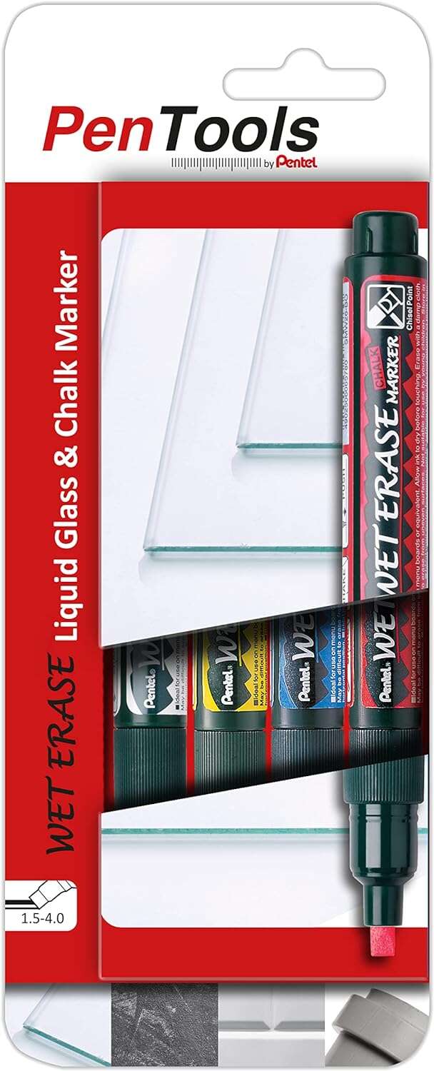 pentel pentools pack de 4 rotuladores de tiza liquida wet erase punta biselada reversible 2 4mm resistente a la intemperie sobre vidrio colores blanco, azul, amarillo y rojo