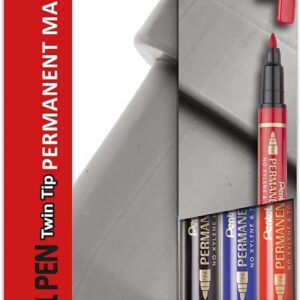 pentel pentools pack de 3 rotuladores permanentes industriales pentel pen twin tip doble punta extrafina 0,6mm y fina 3.5mm resistente a agua y luz colores negro, azul, y rojo