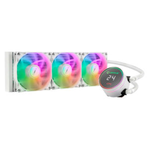 unykach aquastorm white 360 refrigeracion liquida 3 ventiladores 1800 rpm bomba con alcance 2500 rpm display que muestra la temperatura