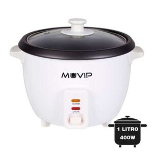 muvip arrocera capacidad 1 litro potencia 400w sistema de coccion y calentamiento recipiente interior antiadherente tapa de cristal accesorios incluidos color blanco