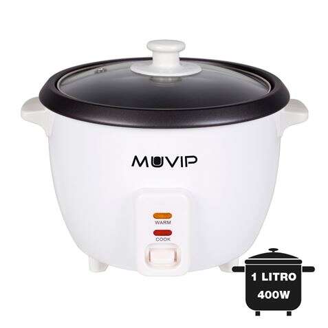 muvip arrocera capacidad 1 litro potencia 400w sistema de coccion y calentamiento recipiente interior antiadherente tapa de cristal accesorios incluidos color blanco