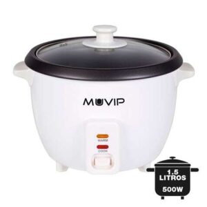 muvip arrocera capacidad 1.5 litros potencia 500w sistema de coccion y calentamiento recipiente interior de aluminio antiadherente tapa de cristal color blanco