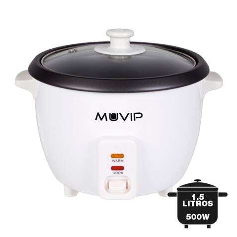 muvip arrocera capacidad 1.5 litros potencia 500w sistema de coccion y calentamiento recipiente interior de aluminio antiadherente tapa de cristal color blanco