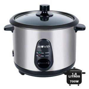 muvip arrocera capacidad 1.8 litros potencia 700w cuerpo de acero inoxidable recipiente antiadherente tapa de cristal accesorios incluidos color gris